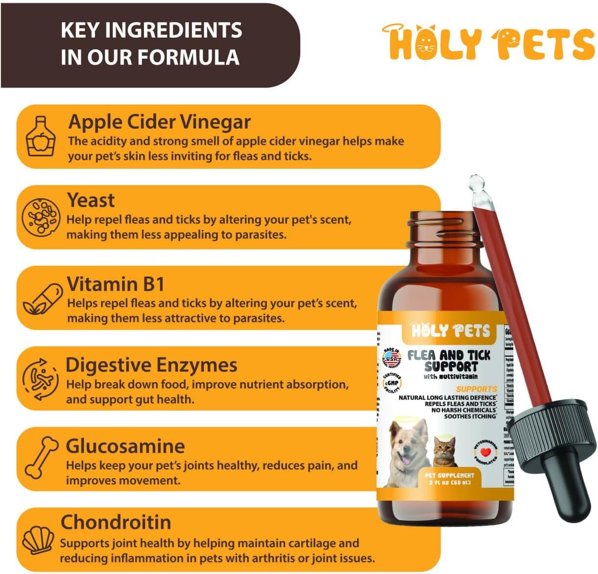 Flea & Tick Oral Drops for Dogs & Cats – Natural Herbal Supplement with B Vitamins – 2 oz, 60 Servings – Safe for All Breeds – Made in USA