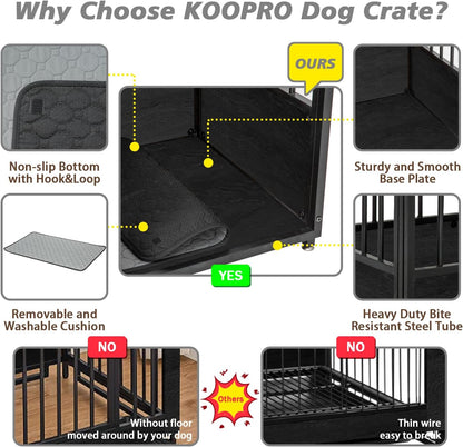 KOOPRO 40 Inch Dog Crate Furniture with Cushion for Small Medium Dogs, Wooden Heavy Duty Dog Kennel with Double Doors, Decorative Pet House Dog Cage Side End Table Indoor, Sliding Door Chew-Resistant