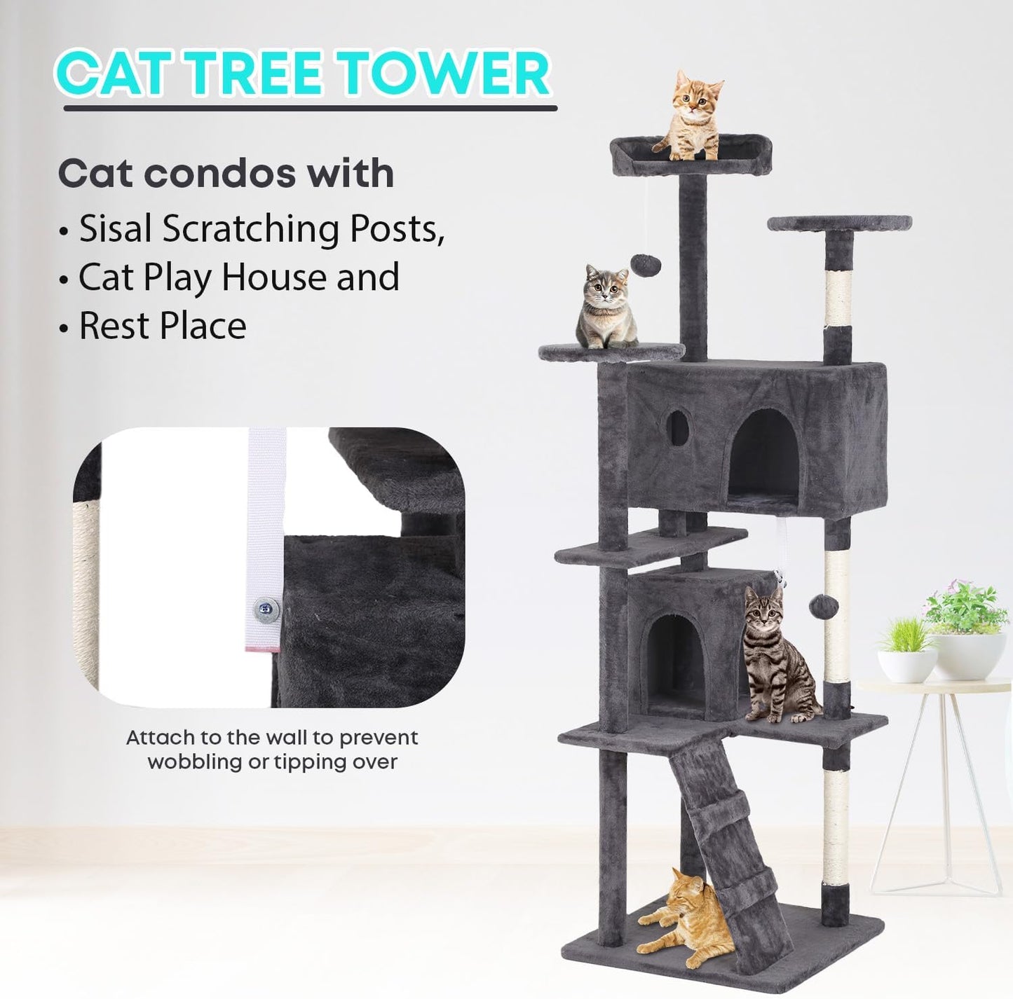 FDW Cat Tree 70in Cat Tower Multi-Level Durable Cat Scratching Post & Cozy Fun Cat Jumping Platform Space Saving Cat Condo Pet Play House for Indoor Cats,Light Gray