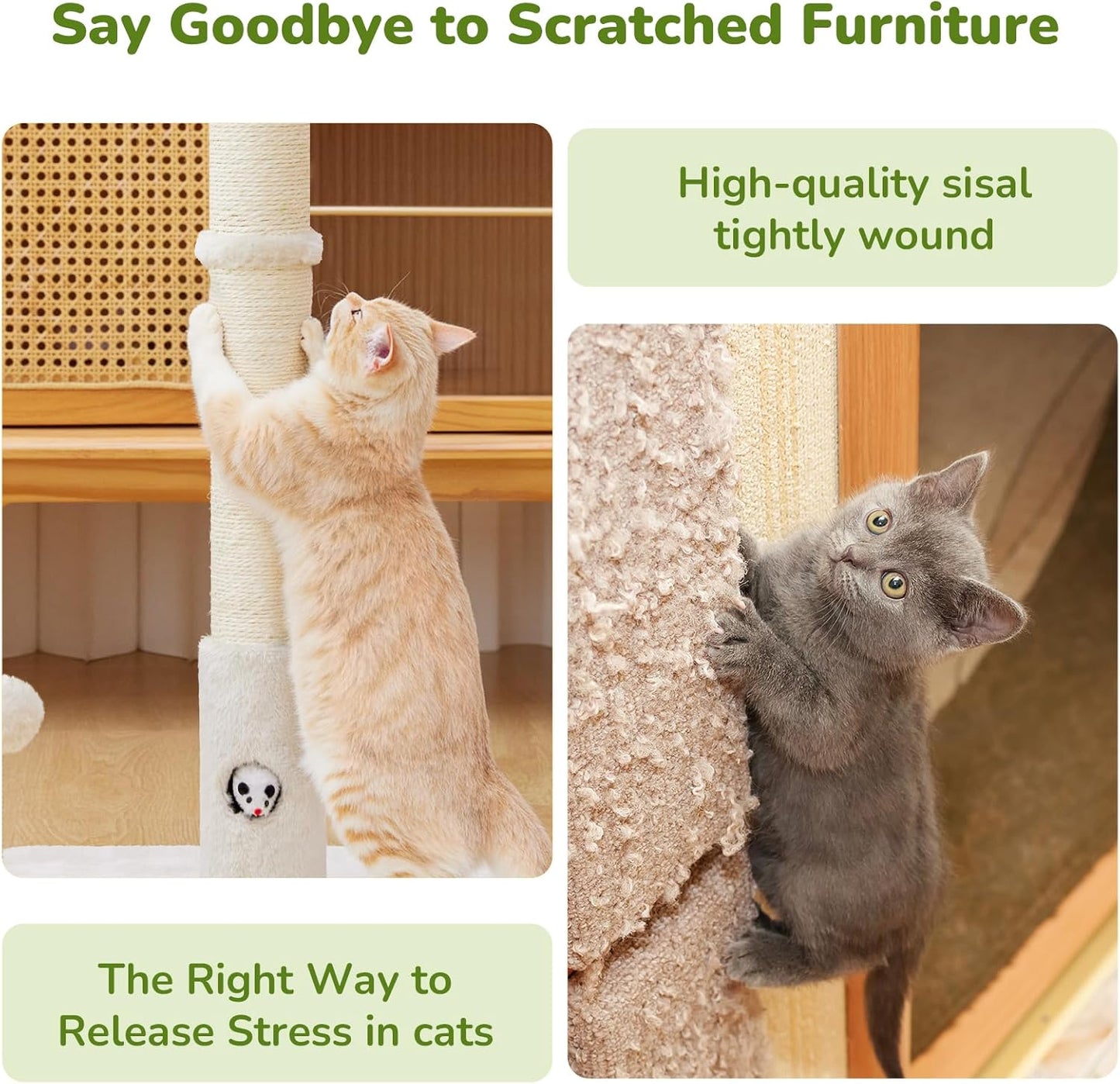 Cat Scratching Posts 33" for Adults Cats, Cat Scratcher with Soft Fabric Covering Base and Durable Sisal Rope, Scratcher with Fun Mouse Hole and Cat Toy for Tall Cats (White)