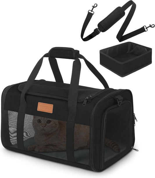PETUX TSA Approved Pet Carrier in Cabin, 17"x11"x9.5" Soft Cat Carriers for Small Cats up to 12 lb, Top-Open Portable Dog Carrier with Litter Box and Anti-Scratch Mesh for Puppy up to 10 lb (Black)