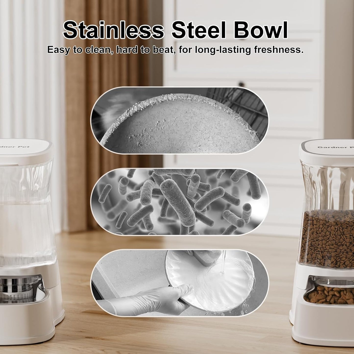 Automatic Pets Gravity Feeder and Water Dispenser Set, 1Gallon x 2 Stainless Steel Food Feeder and Waterer, 100% BPA-Free Water Bowl Dispenser for Small&Medium Dogs, Cats, Puppies(White)