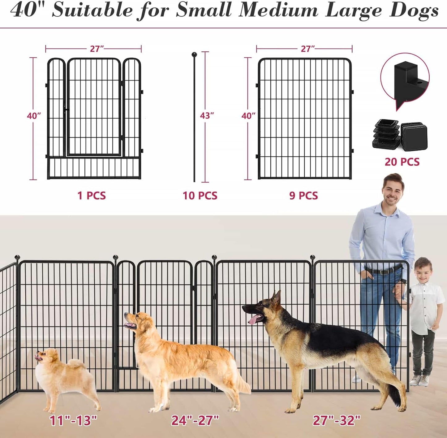 Dog Playpen 40 inch 10 Panels Indoor Dog Pen for Large/Medium/Small Dogs Heavy Duty Metal Dog Fence Outdoor for Yard, Puppy Playpen with Door Portable Pet Fence for RV Camping Yard
