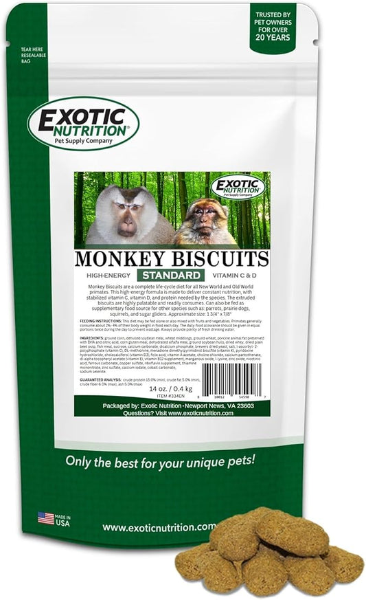 Monkey Biscuits (Standard, 14 oz.) - Healthy & Crunchy Biscuit Treat for Prairie Dogs, Parrots, Squirrels, Sugar Gliders, Hamsters, Rats, Rodents, Amazons, Macaws, Cockatoos, Birds & Other Small Pets