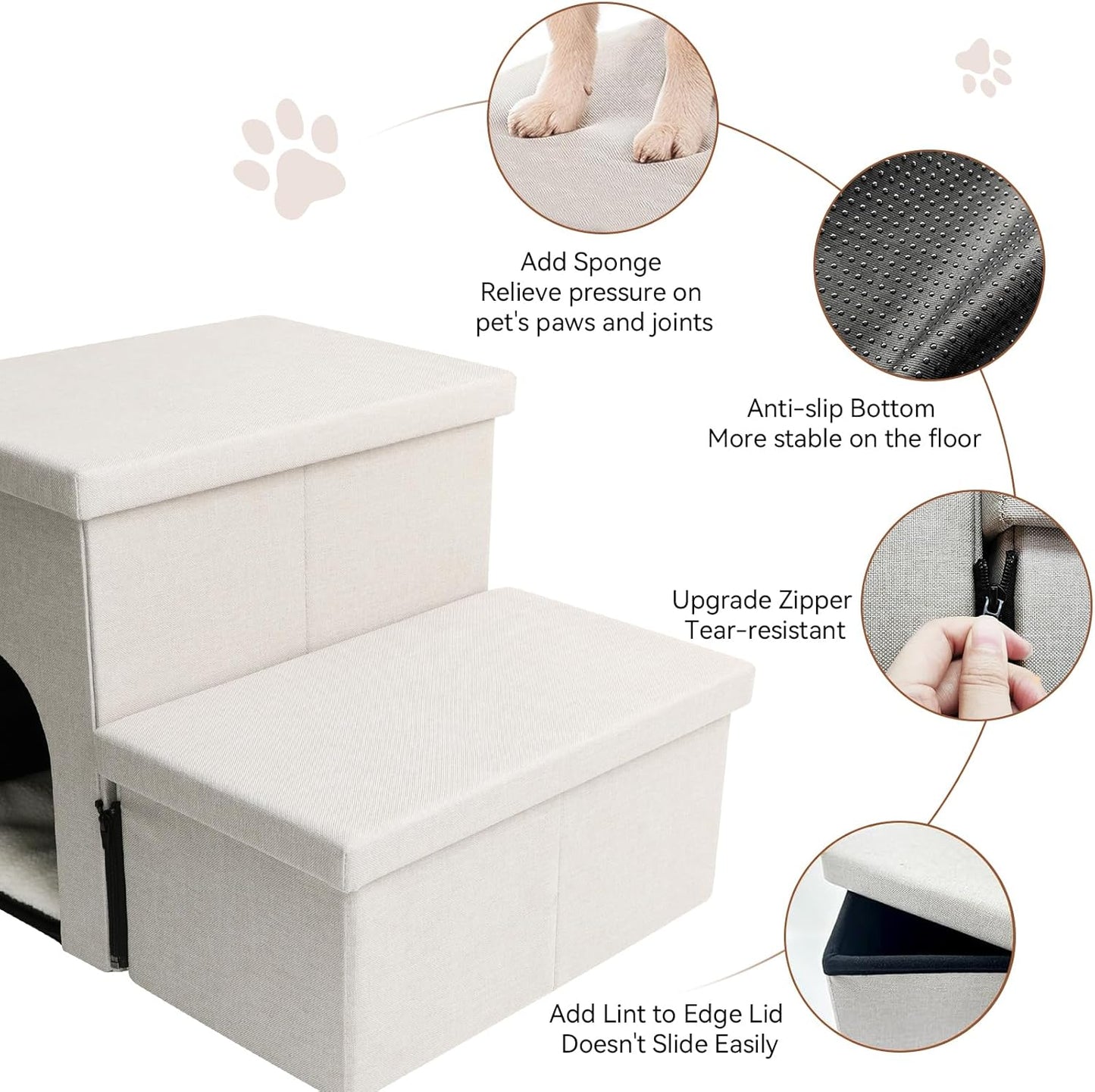 Dog Stairs with Condo 15" H, 2-Step Wider Dog Steps for Small/Medium/Large Old Dogs Cats, Folding Sturdy Storage Pet Stairs Climbing Bed Couch, Ramp for Car Hold Up to 150 lbs, Beige