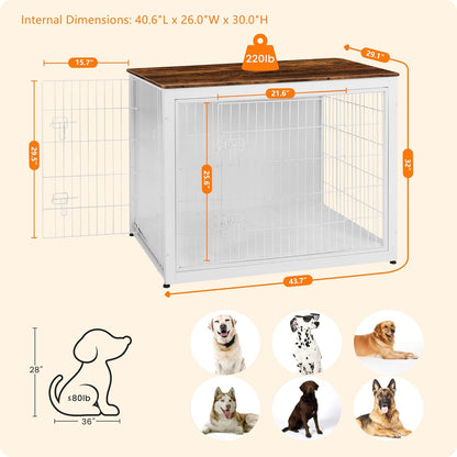 DWANTON Dog Crate Furniture with Cushion, Wooden Kennel Table with Double Doors, Indoor Dog House, Extra Large Size, 43.3" L, White+Rustic Brown