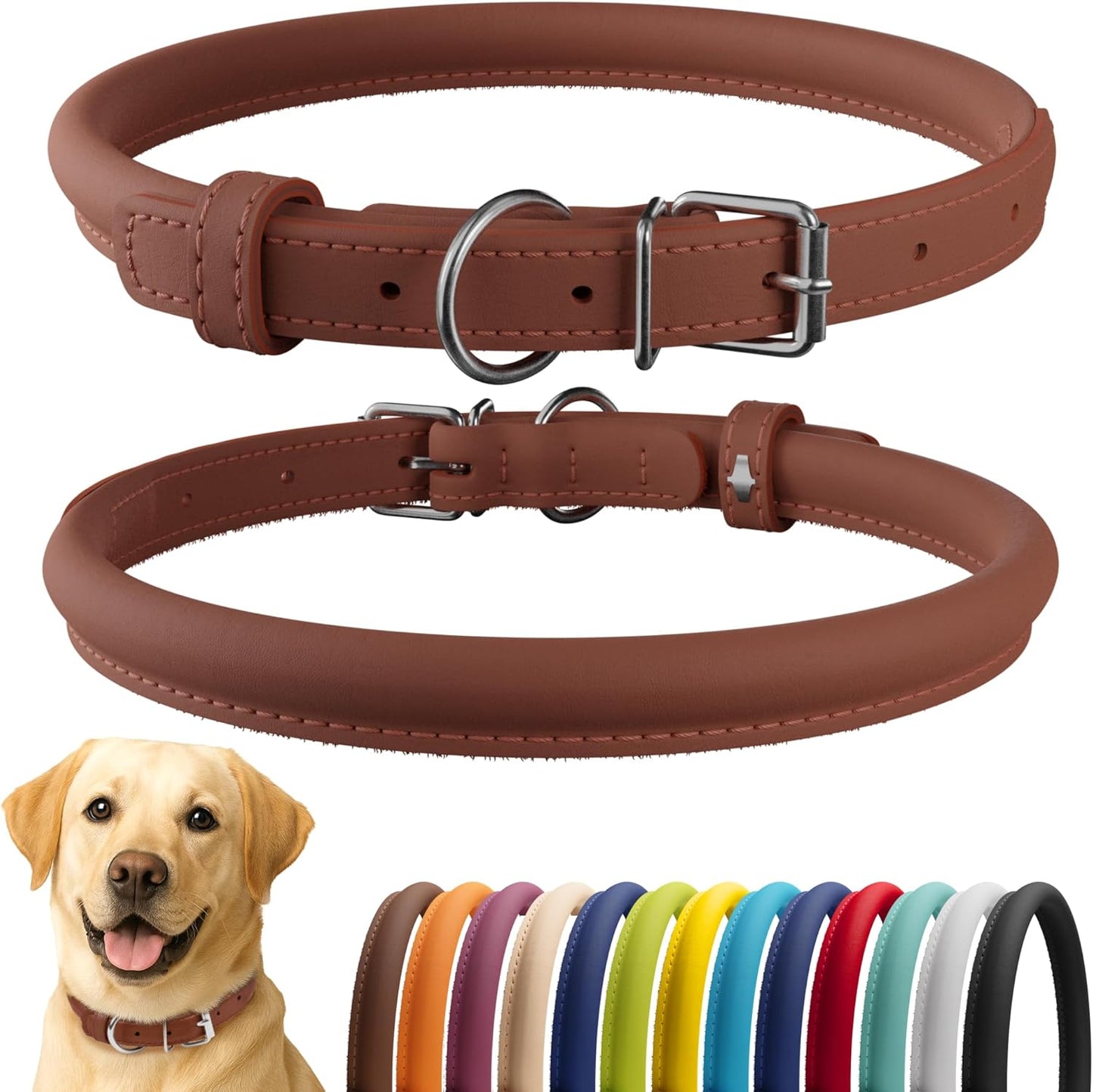 CollarDirect Rolled Leather Dog Collar, Soft Padded Round Puppy Collar, Handmade Genuine Leather Collar Dog Small Large Cat Collars 13 Colors (15-19 Inch, Cinnamon Smooth)