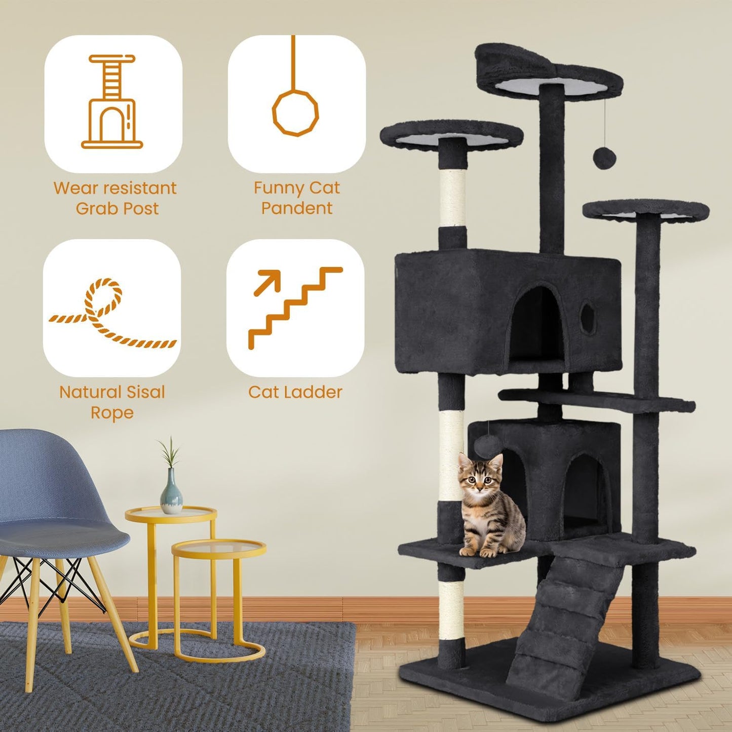 54.7 inches Cat Tower for Indoor Cats, Multi-Level Cat Condos with Scratching Posts, Hanging Toys, Dark Gray