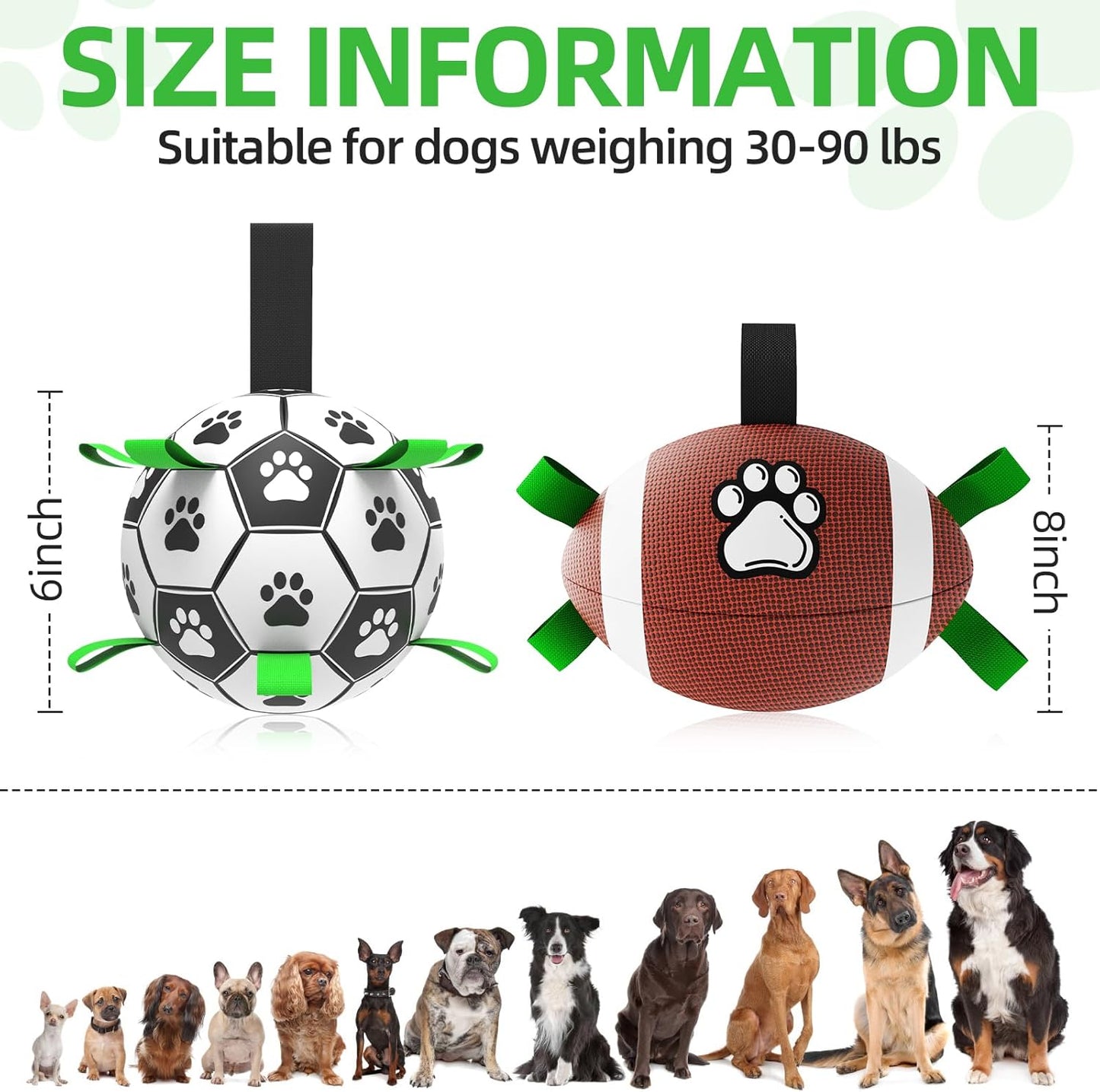 QDAN Dog Soccer Ball Football Set - 2 PCS Dog Balls with Strap for Tug of War, Soccer Ball Football Toys for Small Medium Large Dogs, Herding Ball for Dogs, Dog Birthday Toy
