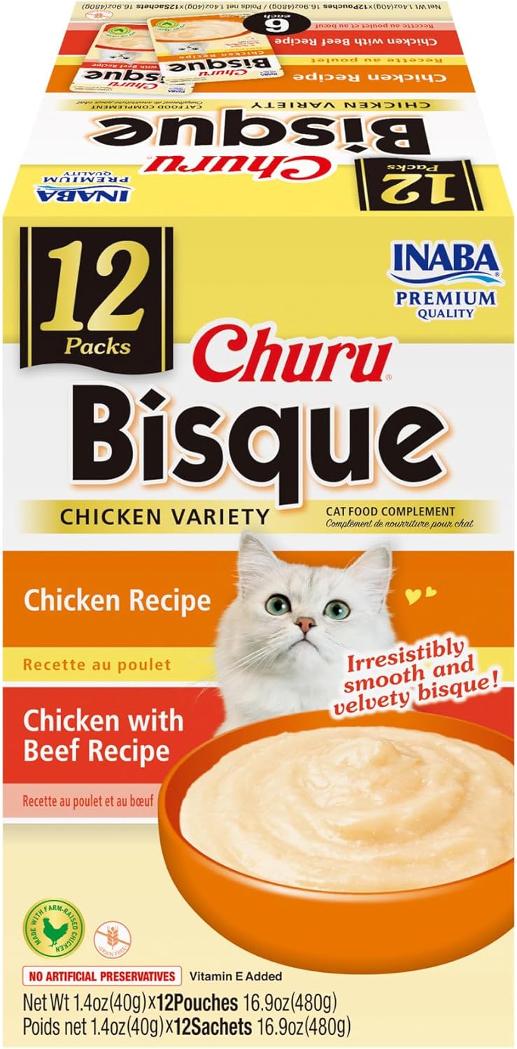 INABA Churu Bisque for Cats, Creamy Lickable Purée Side Dish with Vitamin E, 1.4 Ounces per Pouch, 12 Pouches, Chicken Variety