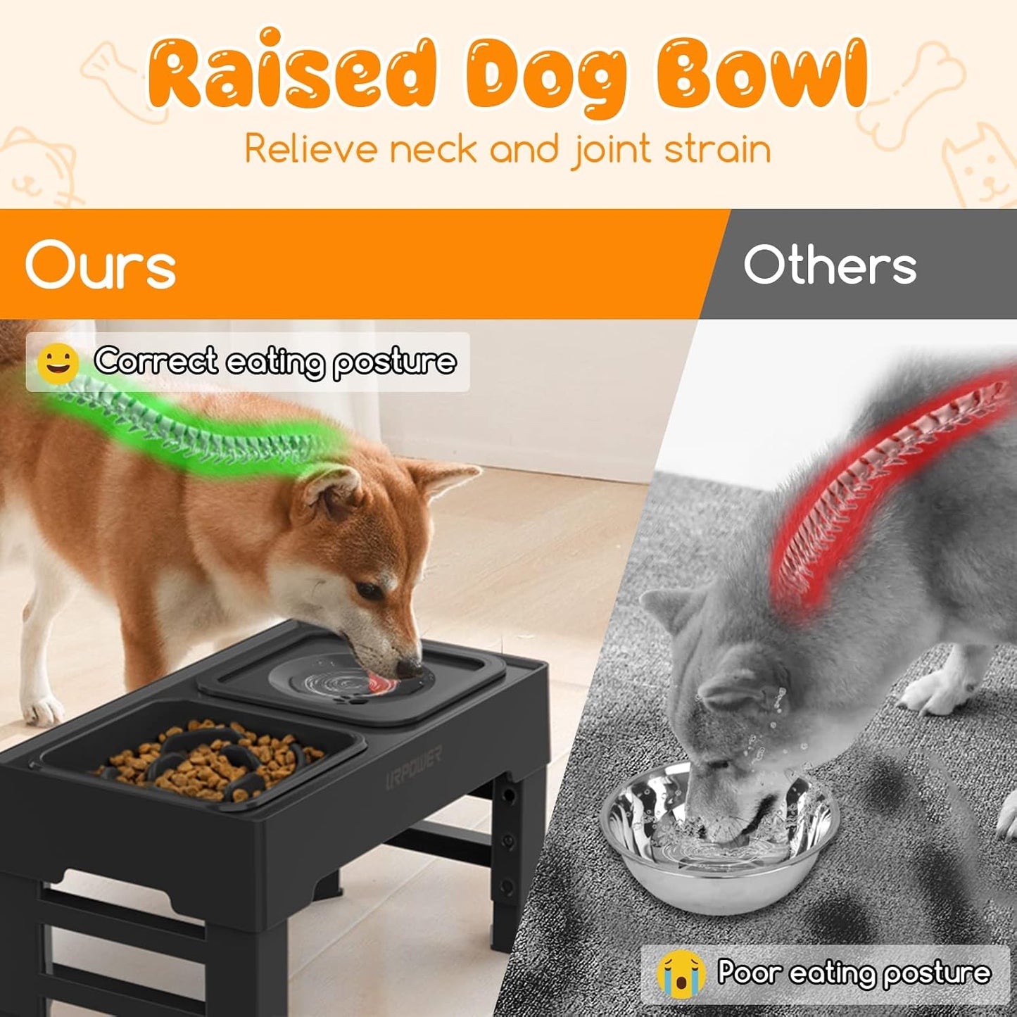 URPOWER 2-in-1 Elevated Slow Feeder Dog Bowls with No Spill Dog Water Bowl 4 Height Adjustable Raised Dog Bowl Non-Slip Dog Food and Water Bowls with Stand for Small Medium Large Dogs, Cats and Pets
