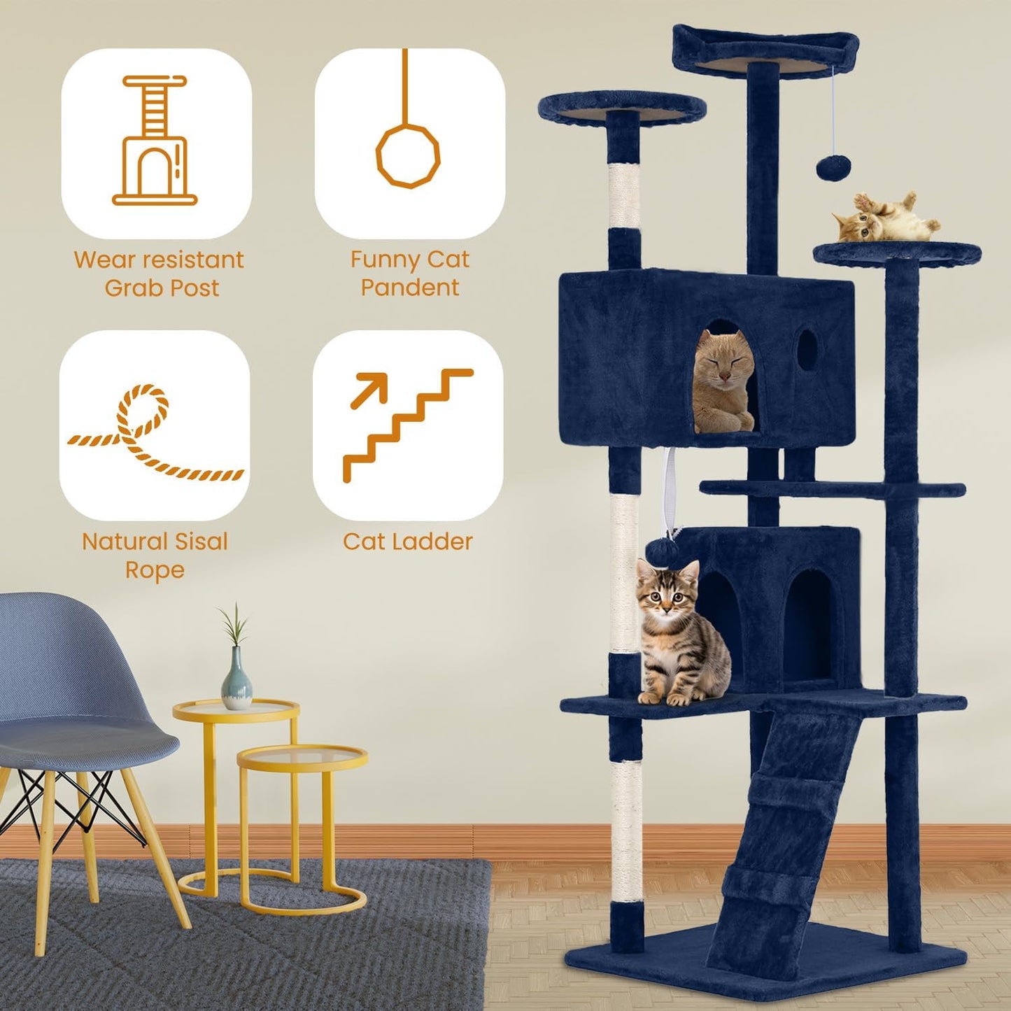 54.7 inches Cat Tower - Multi-Level Cat Condo with Scratching Posts, Hanging Toys, Navy Blue