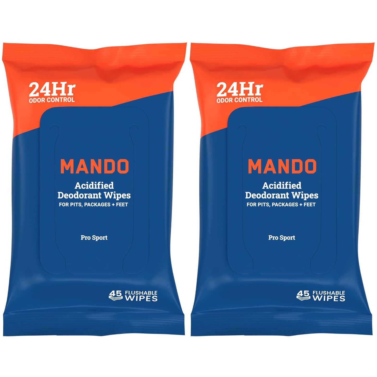 Mando Deodorant Wipes - 24 Hour Odor Control - Aluminum Free, Baking Soda Free, Skin Safe - 45 Count (2 Pack)
