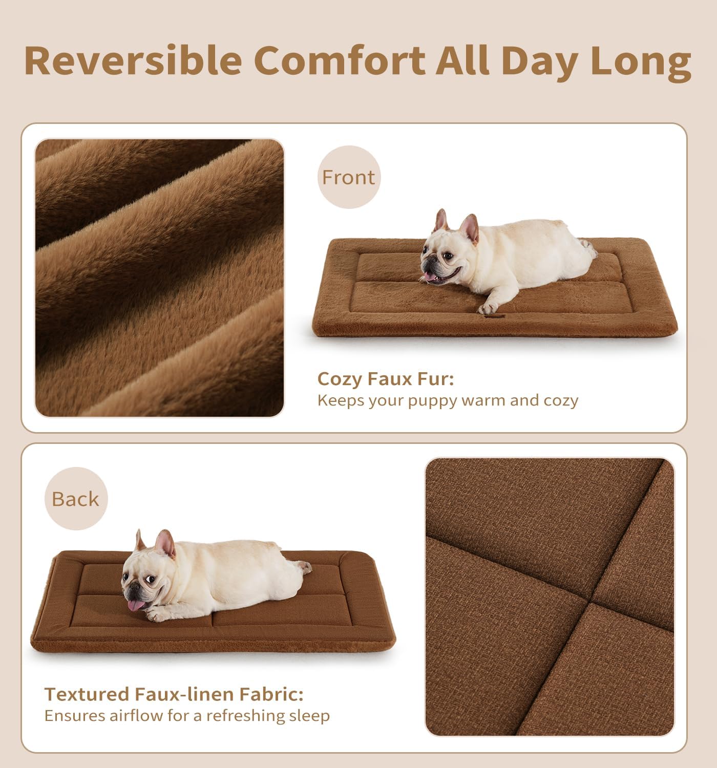 Made4Pets Dog Crate Pad Bed for Extra Large Dogs, Washable & Reversible, Anti-Slip Kennel Mat for Cozy Sleeping, Soft Fluffy Dog Bed for Indoor & Outdoor Use, 48"x30", Brown