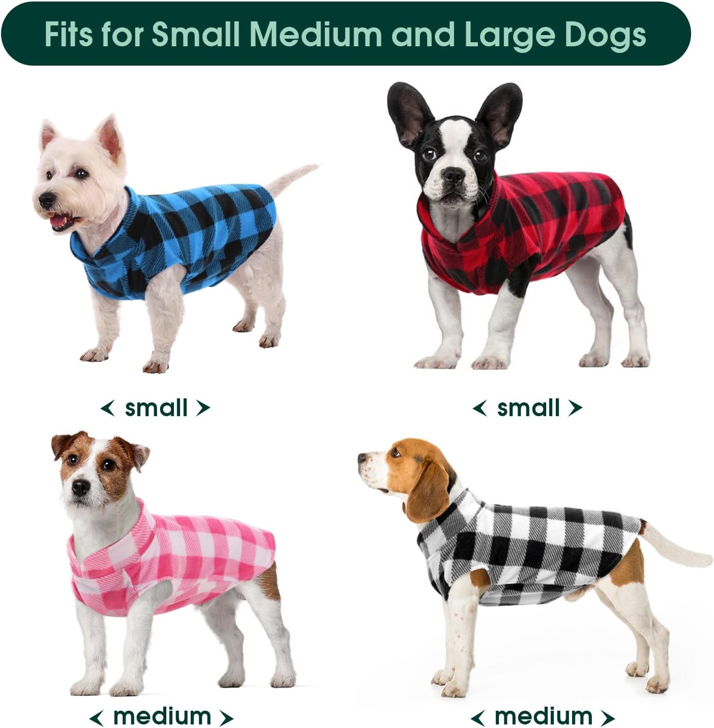 Kuoser 4 Pack Dog Fleece Vest,Warm Plaid Dog Sweater with Leash Hole,Soft Turtleneck Winter Pet Jacket Dogs Coat Pullover for Small Medium Dogs Cats,Spring Fall Cold Weather Christmas Outfit, L