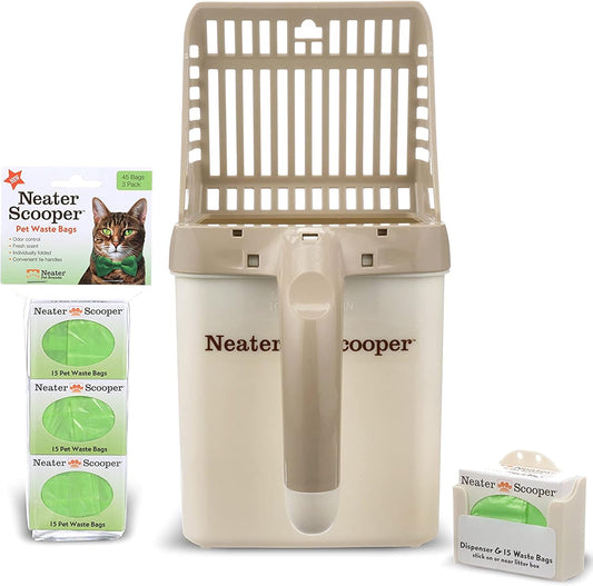 Neater Pet Brands Neater Scooper Standard Cat Litter Scoop, 60 Refill Bags – Mess-Free Cat Litter Scooper with Bag, Spill-Proof Kitty Box Sifter, Bin Doubles as Scoop Holder, For Single-Cat Households