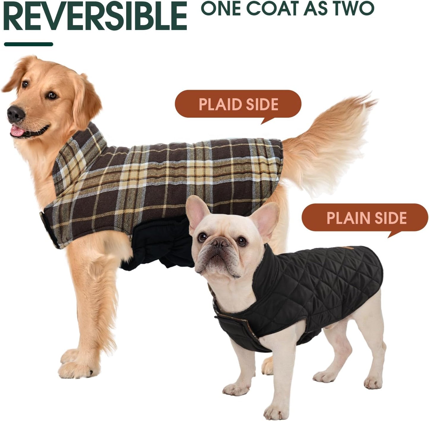 Kuoser Warm Dog Coat, Waterproof Dog Jacket for Extra Large Dogs, Adjustable Durable XXL Doggie Winter Coat Reversible Puppy Cold Weather Apparel from Small to Large Breed, New Brown XXL
