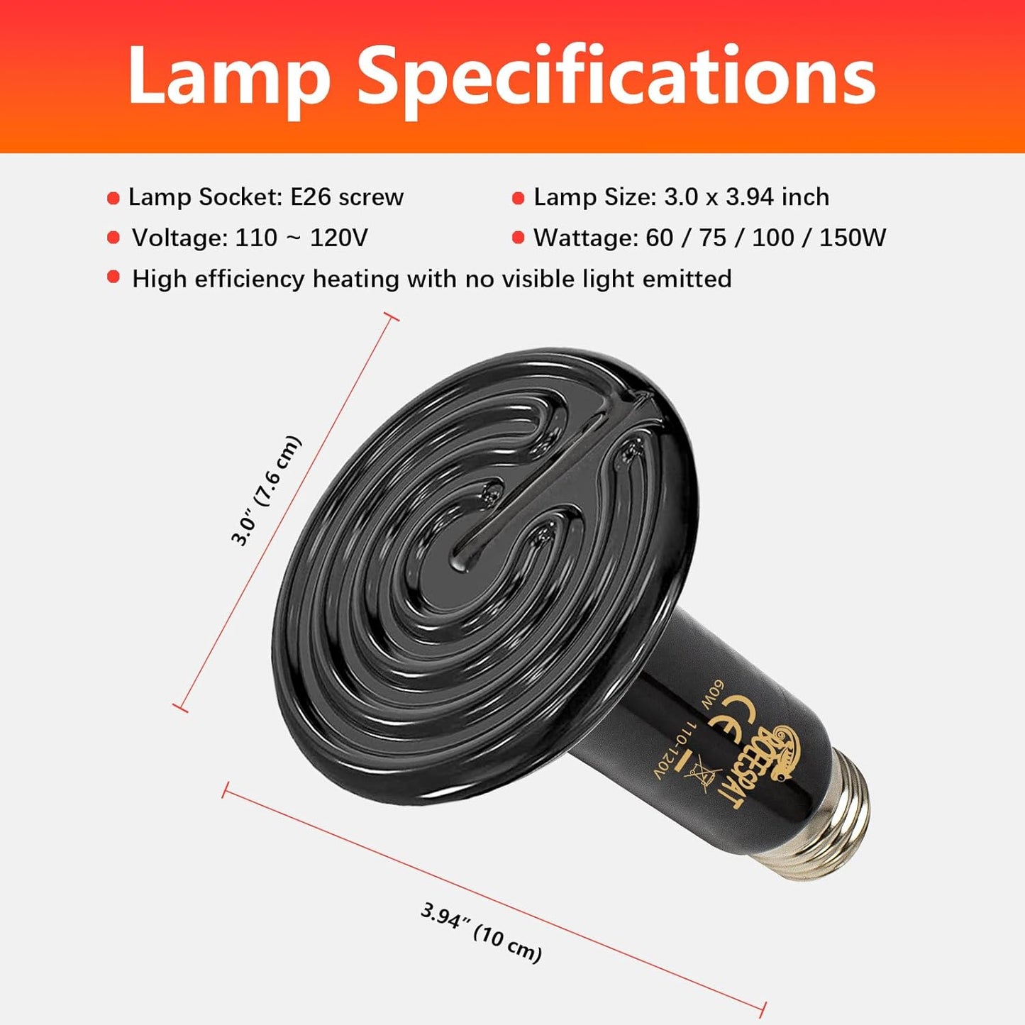 High Efficiency 75W Ceramic Heat Emitters, Pack of 2 Reptile Heat Lamp Bulbs for Bearded Dragon, Lizard, Iguana, Geckos & Small Pets Basking (Black, 75 Watts)