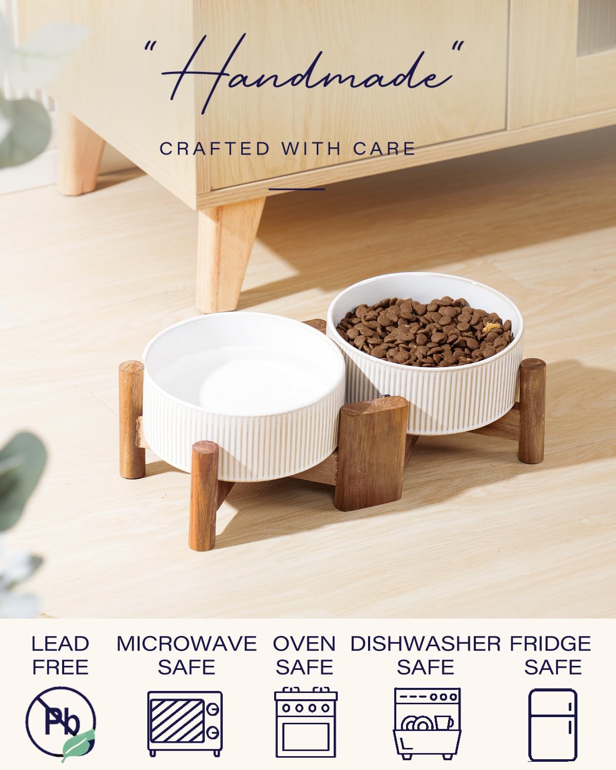 Getstar Ceramic Dog Bowls with Acacia Wood Stand, 30 fl oz, Set of 2, Dog Food Bowl, Cat Bowls (6.5 inches) (Vintage White)