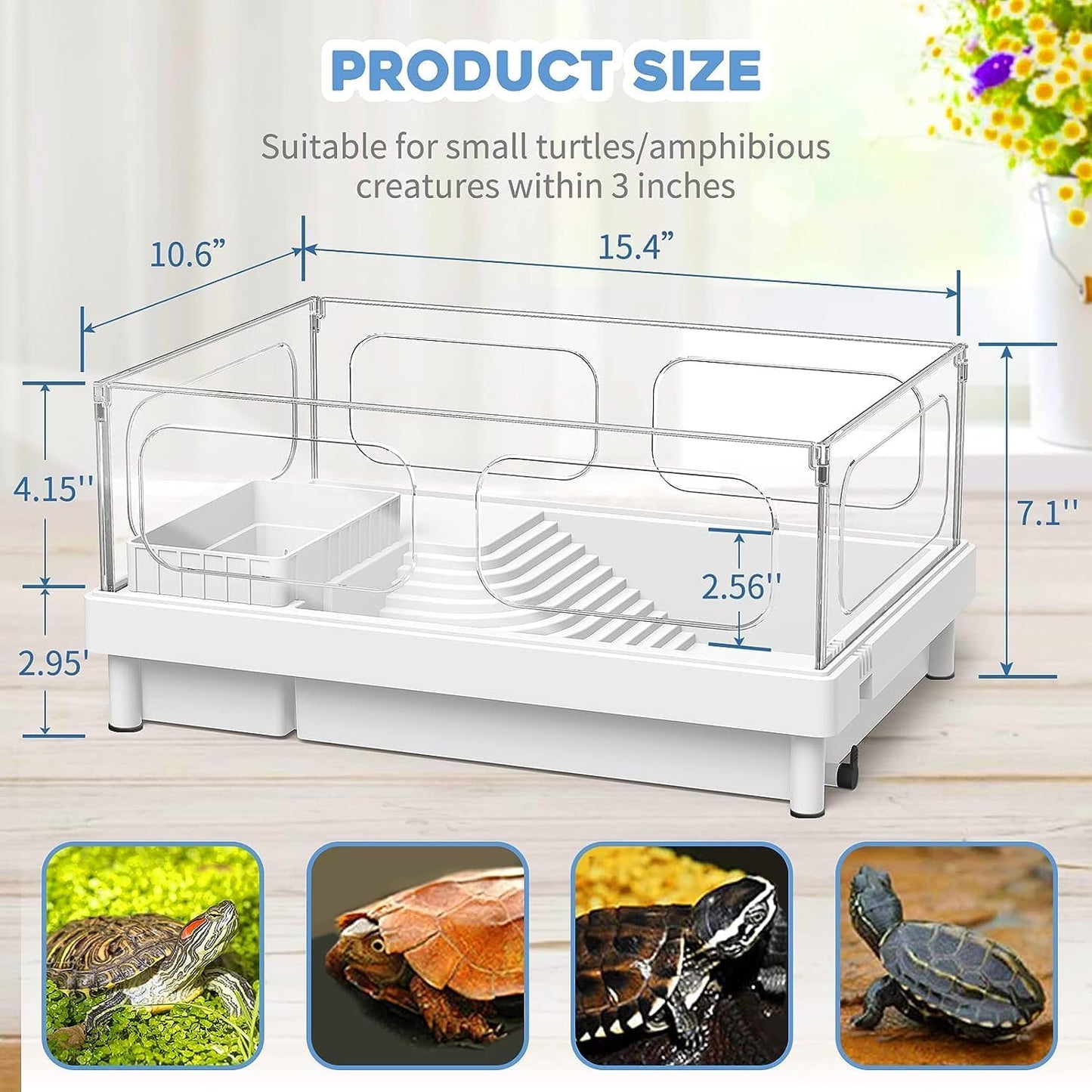Small Turtle Tank Kit(Tank+Light+Filter), Acrylic Turtle Tank Starter Kit with Basking Platform, Bottom Drainage, Multi-Function Areas for Turtles, Crayfish, Small Reptiles.(White+Black)