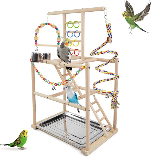 Bird Playground, Parrots Playstand for Small to Medium Birds, Perch Stand with 3 Ladders Playgym with Rope Perch, Swings Feeder Cups Bird Cage Accessories for Conure Cockatiel Lovebirds