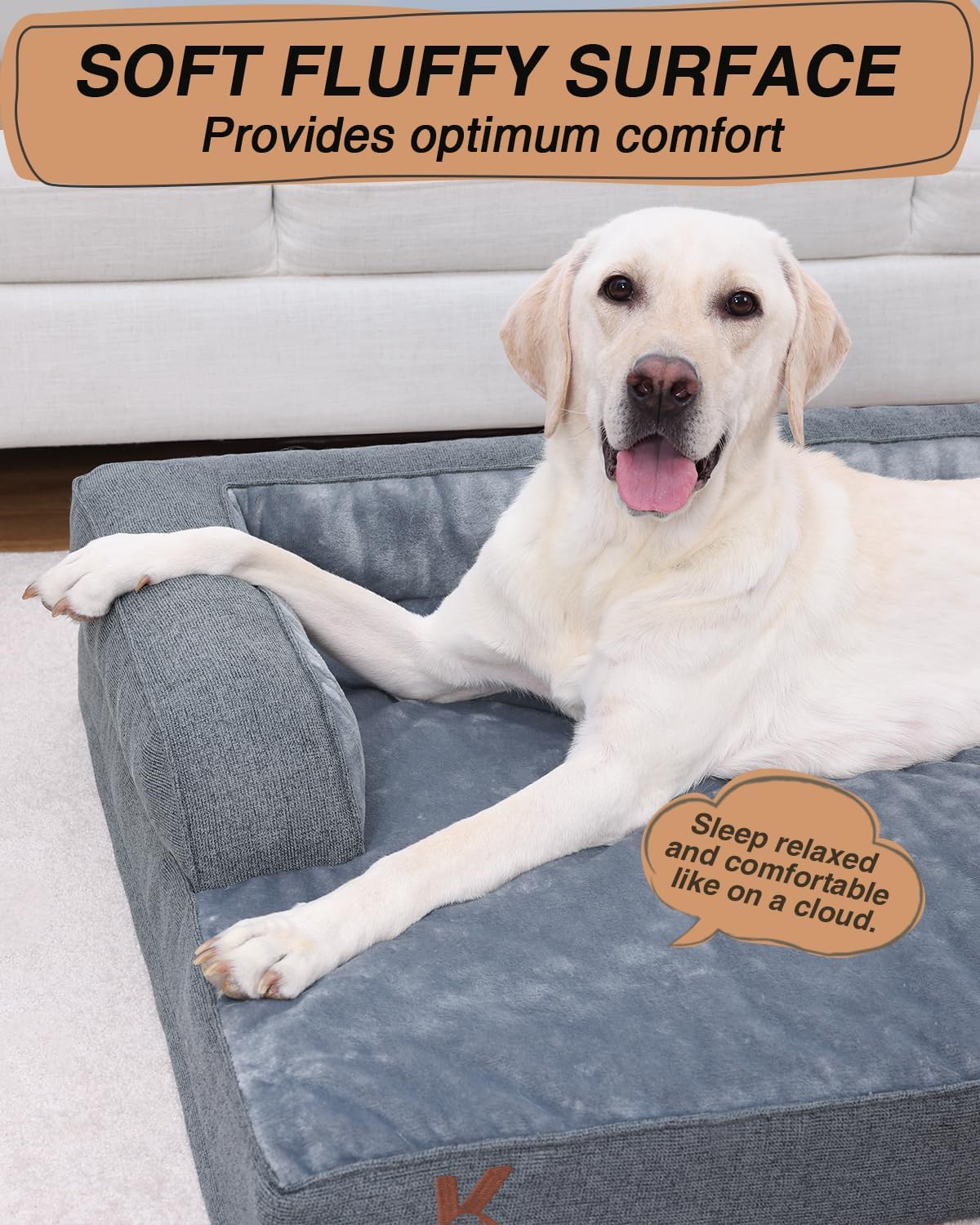 KSIIA Orthopedic Dog Bed for Extra Large Dog，Washable Pet Sofa with U-Shaped Bolster Removable Waterproof Cover Non-Slip Bottom and Egg-Crate Orthopedic Foam Pet Couch Bed, 47 x 32 Inch, Dark Gray