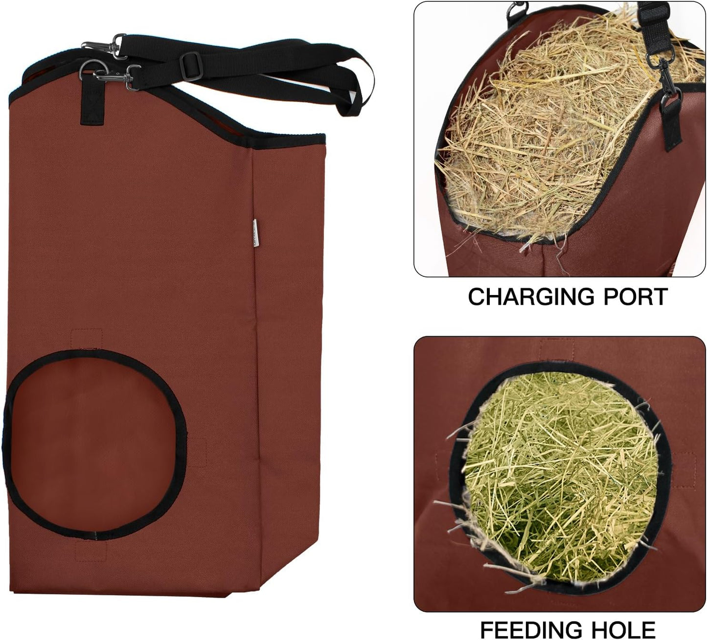 3 Packs Goat Hay Feeder,Hay Bags for Goats,Horses,Sheep,Premium 600D Oxford Cloth,with Metal Fastener and Adjustable Open Feed Hole for Slow Feeding. (2Brown + 1Black)