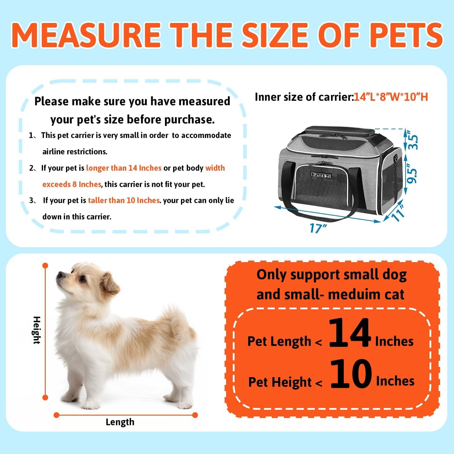 Petskd Top-Expandable Pet Carrier 17x11x9.5 Inches Alaska Airline Approved, Soft-Sided Carrier for Small Cats and Dogs with Locking Safety Zippers and Anti-Scratch Mesh(Grey)