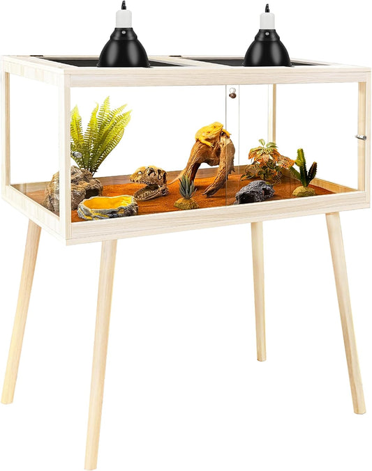 Prolee Tempered Glass Reptile Enclosure with Leg,48“ Scratch-Proof Bearded Dragon Tank,79 Gallon Lizard Tank with Metal Mesh Tops and Lockable Door,Spacious Reptile Habitat for Snake,Lizard (Oak)