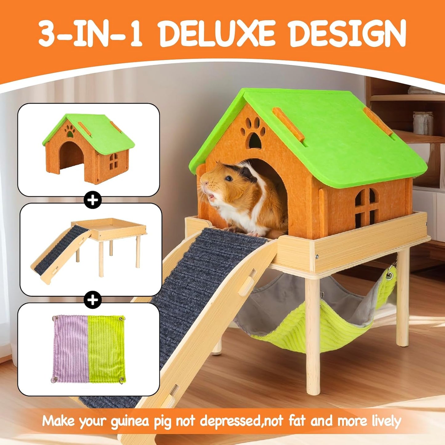 3 in 1 Enlarged Guinea Pig Hammock with House & Platform,Wooden Guinea Pig Hideout with Hammock & Stairs Small Animal Toys for Hiding Sleeping Activities