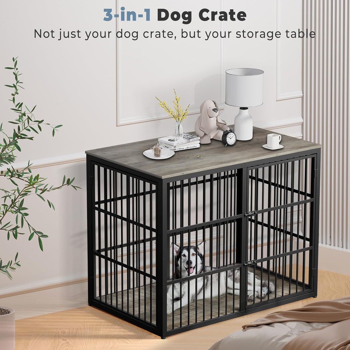 Lyromix 48'' XXL Dog Crate Furniture with 3 Doors, Wooden Crate End Table Heavy Duty Indoor Combination Cage for Medium to Large Dogs, Multiple Units Can be Combined, Grey