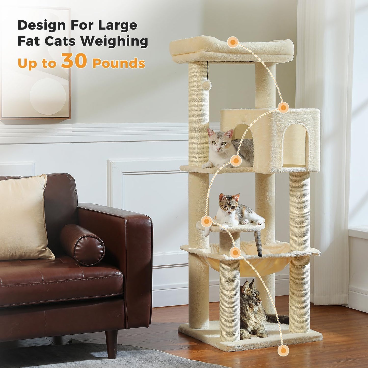 Large Cat Tree with Reinforced Scratching Posts (φ3.1in) for Big Adult Cats 30 lbs, 57.8" Heavy Duty Cat Tower with Larger Hammock and Condo, Cat Furniture for Maine Coon, Plush,Beige
