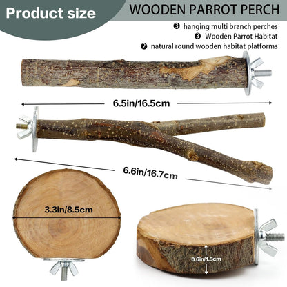 Natural Wood Bird Perches for Cage, Parrot Perch Stand & Platform, Bird Cage Accessories for Parakeets, Cockatiels, Conures, Lovebirds (Brown, Core Perch & Platform - 8PCS)