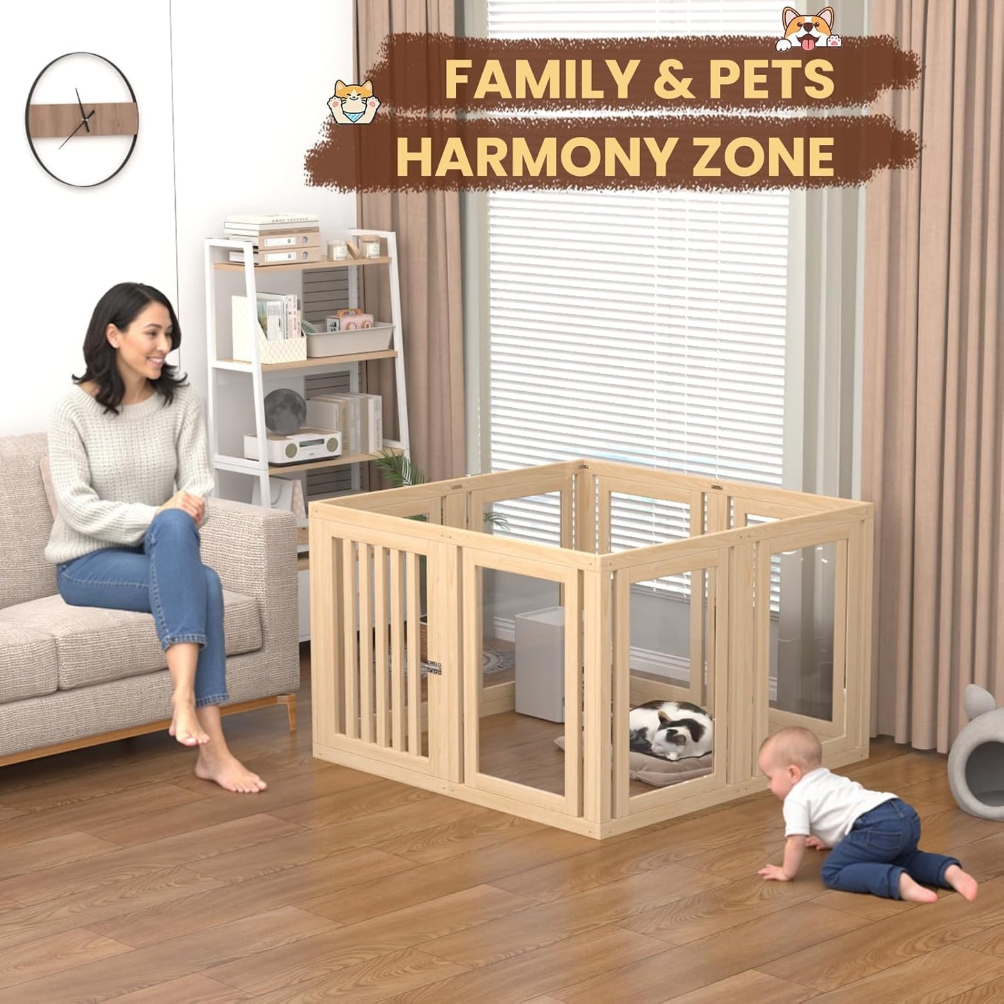 8 Panels Dog Playpen with Door, 23.6" H Pet Playpen Indoor, Clear Acrylic Puppy Playpens, Wooden Puppy Fence with Gate, Transparent Dog Pens, Pet Pen Indoor for Dogs, Cats, Rabbit, Small and Medium