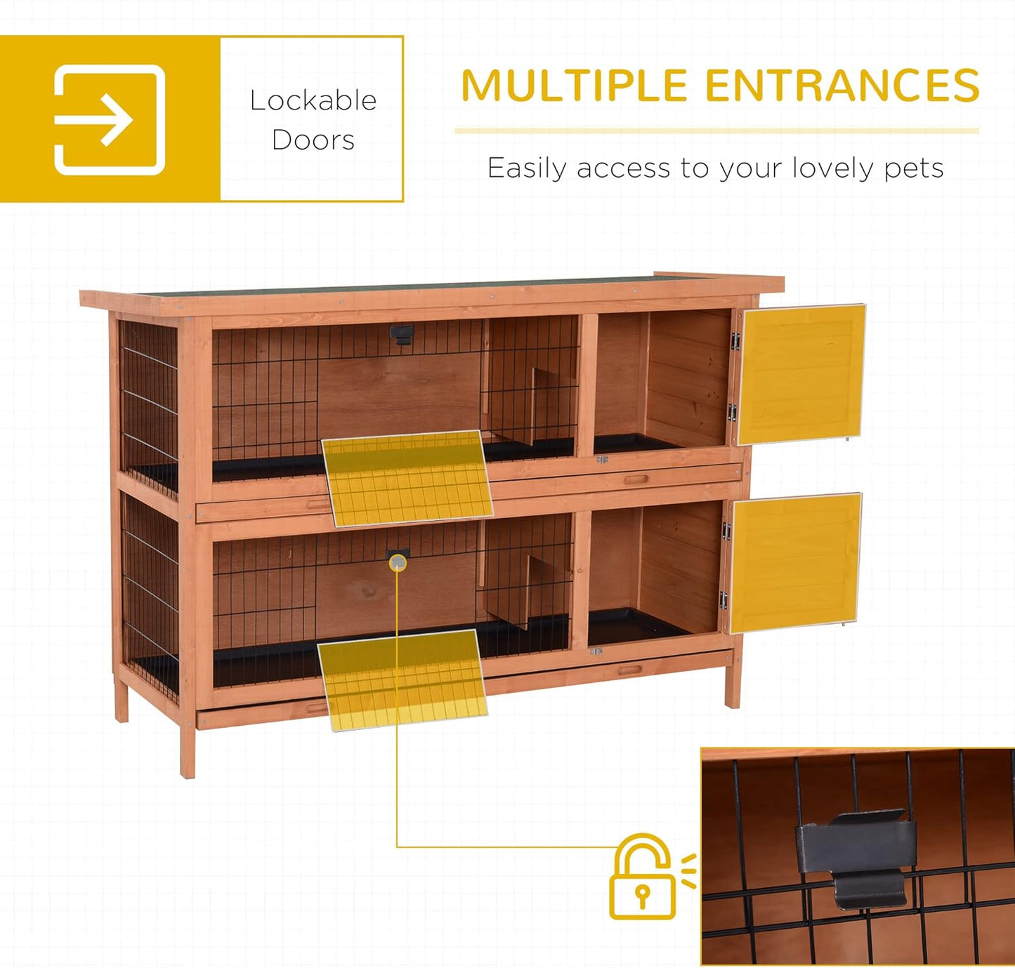 PawHut 54" 2-Story Large Rabbit Hutch Bunny Cage Wooden Pet House Small Animal Habitat with Lockable Doors, No Leak Tray and waterproof Roof for Outdoor/Indoor Orange
