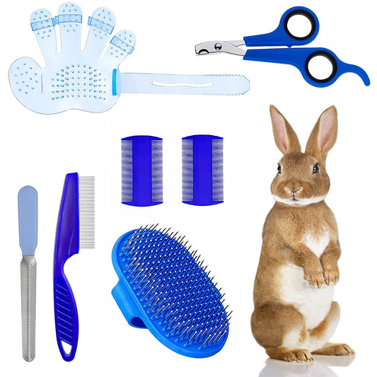 7-Piece Small Pet Grooming Kit with Brush, Nail Clippers, and Adjustable Strap for Rabbits, Hamsters, Guinea Pigs (Blue)