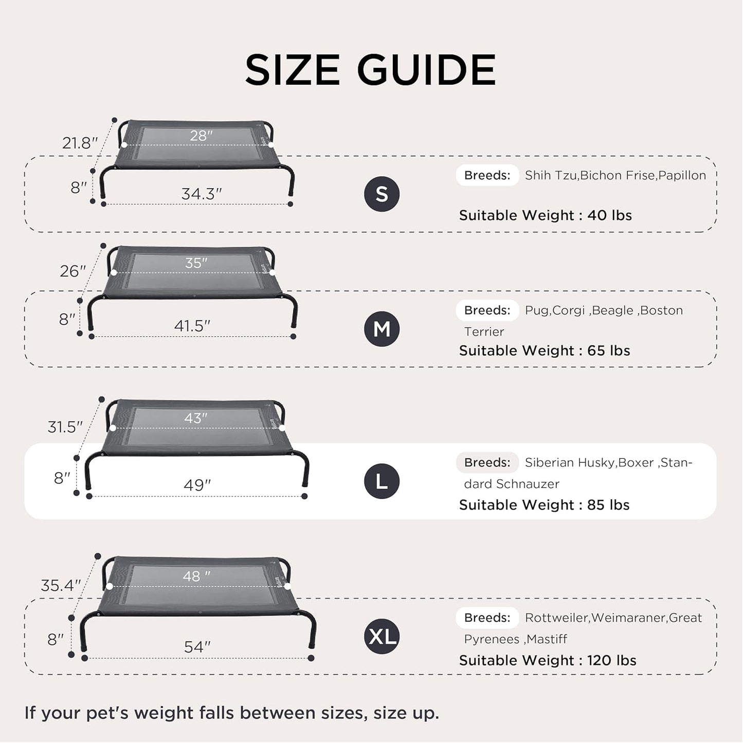 Bedsure Outdoor Elevated Dog Bed Large Sized Dog, Portable Indoor & Outdoor Cooling Raised Cot Pet Hammock Bed with Skid-Resistant Feet, Frame with Breathable Mesh, Grey, 49 inches