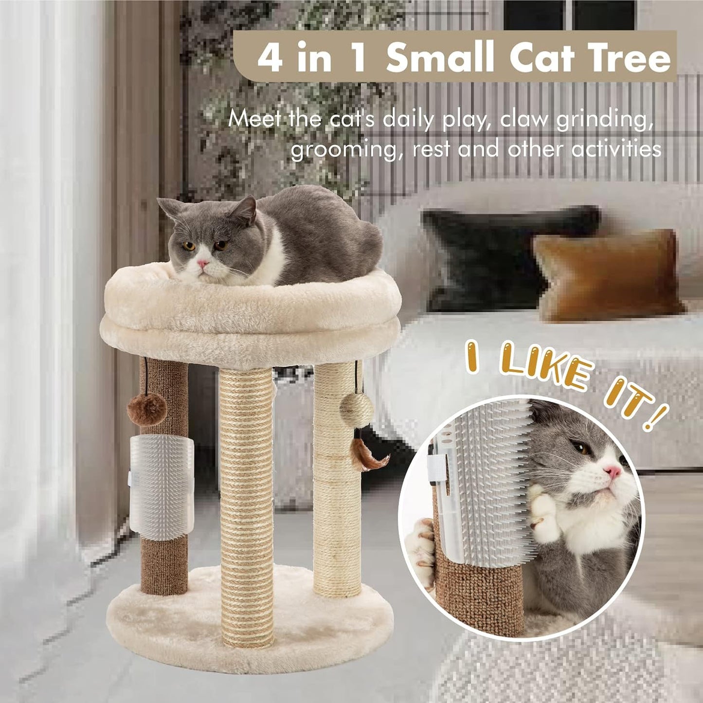 MECOOL 4in1 Small Cat Tree,Scratching Post with Tower Soft Bed, Sisal Carpet Jute Posts with Three Hanging Ball Toys and Massage Brush for Indoor Cats and Kittens