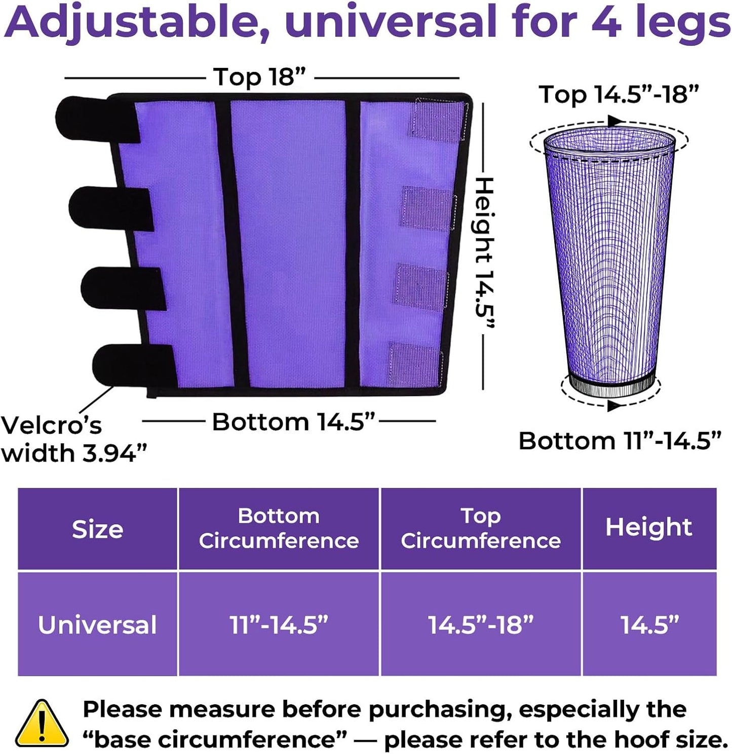 Mesh Horse Fly Boots Set of 4，Adjustable and Universal Loose Fitting & Non-Slip Horse Fly Leggings for Horses,Reduce Stressful Stomping (Purple)