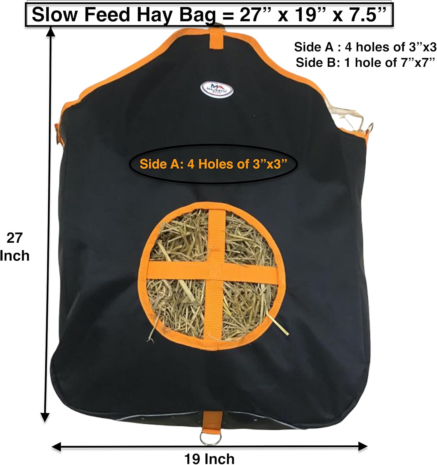 Majestic Ally Nylon Hay Feeder Tote Bag for Horse, Goat, Sheep - Double Sides Open Feed Hole with Faux Leather Ventilated Bottom- Premium Quality -Simulates Grazing - Reduces Waste (Black)