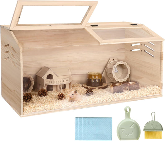 Snowtaros Wooden Hamster Cage, Large Hamster Cages and Habitats Chewproof, with 2 Openable Acrylic Top, Small Animal Cage for Mouse Gerbil Quail Dwarf Syrian Hamsters (31.5" L*15.7" W*15.7" H)