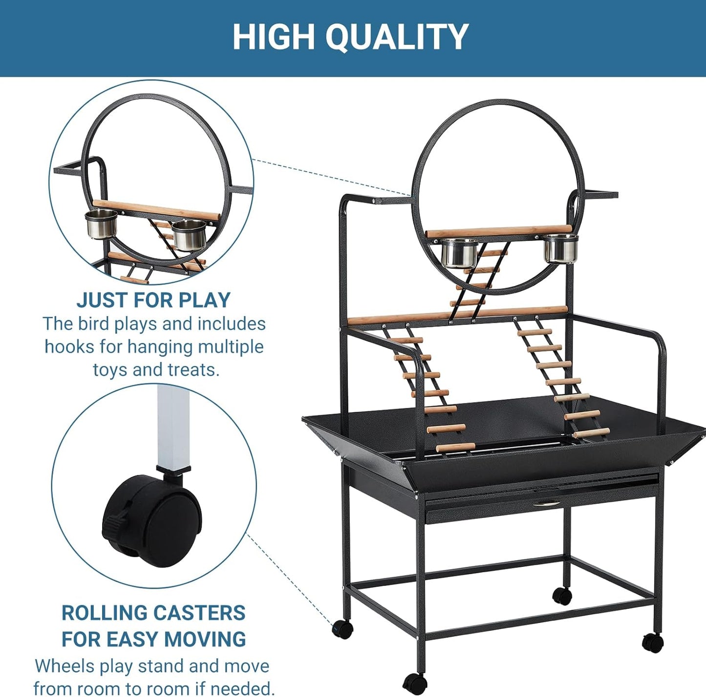 Bird Playstand, 66'' H Inch Birdcage Stand Activity Play Center with Perches and Ladders, Removable Tray, Indoor Outdoor Playground for Parakeet,Cockatiels Conures Parrots, Lockable Caster,Black