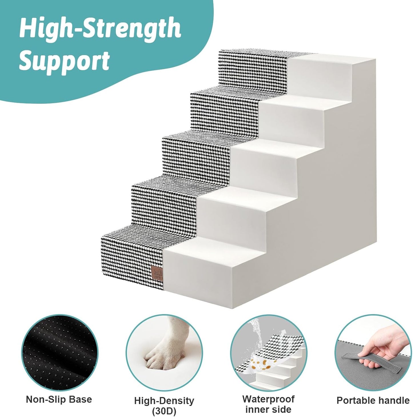 Dog Stairs for Small Dogs, 5 Tier Wider Pet Stairs for High Beds, 23.6" H Non-Slip Dog Steps for Old Cats, Puppies, Small Medium Dogs, 29.5x19.7x23.6 inch, White Black