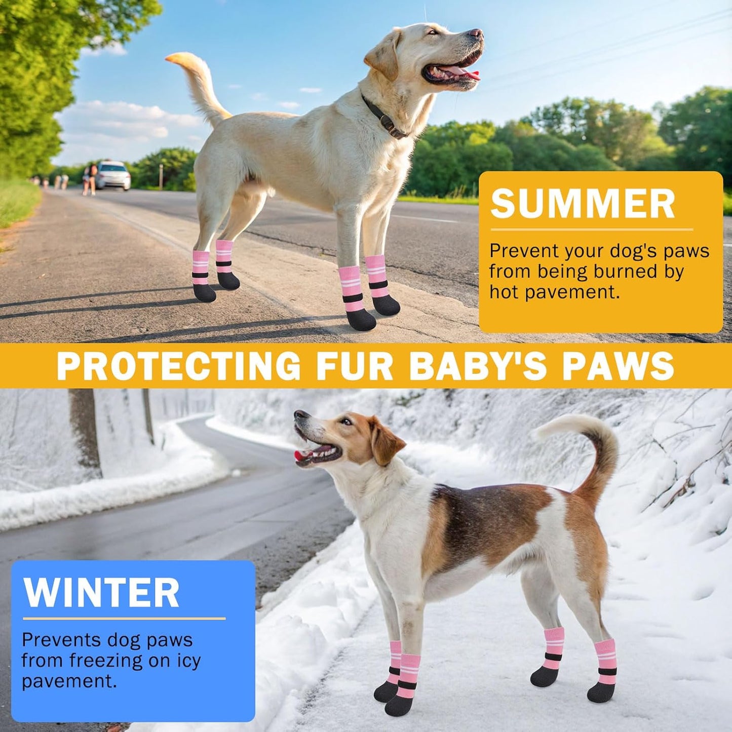 SCENEREAL Anti Slip Dog Boots & Paw Protectors for Hardwood Floor, Extended Dog Socks to Prevent Licking Paws, Waterproof Pet Snow Rain Shoe for Winter Medium Senior Dogs, Pink M