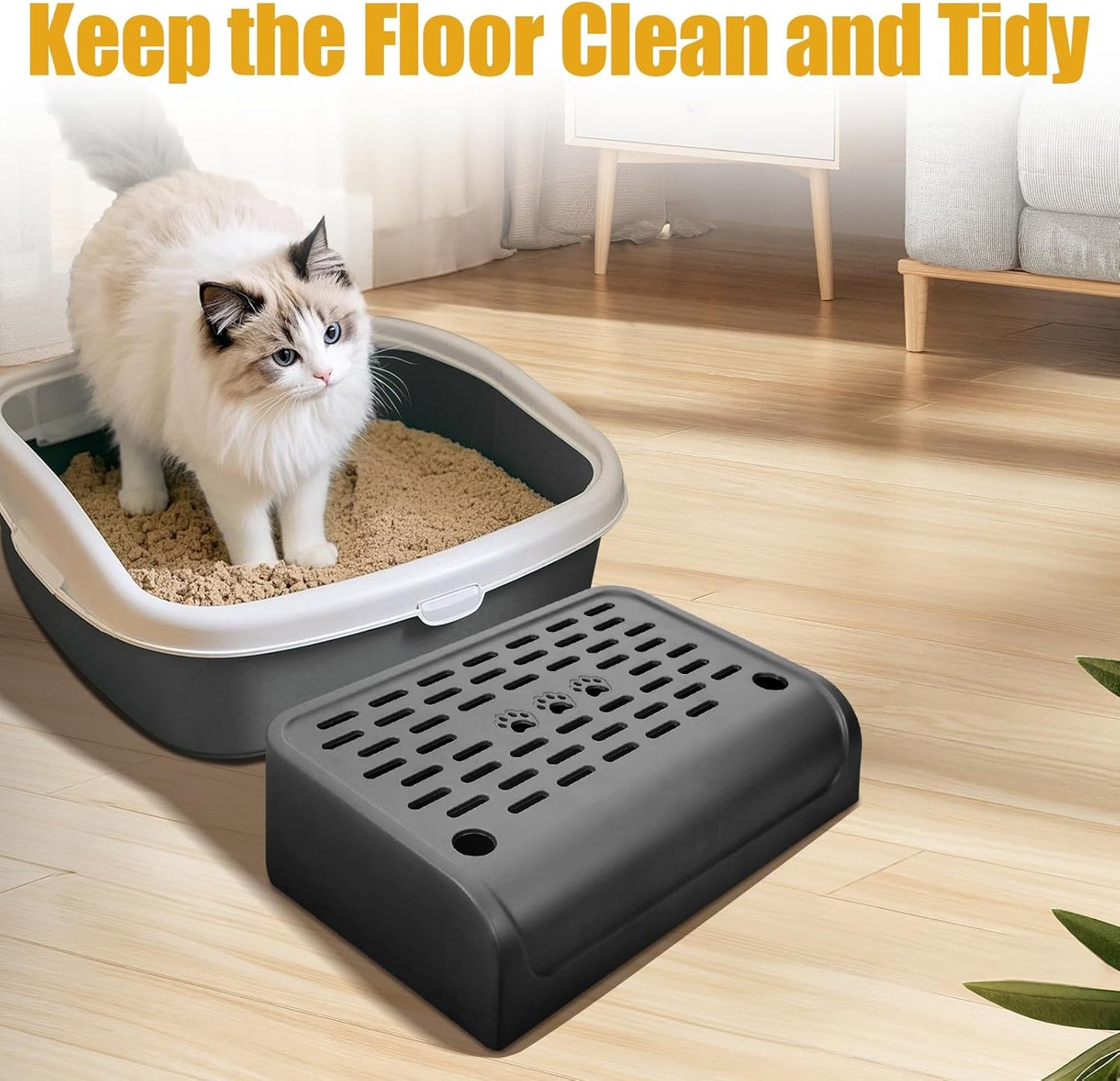 Cat Ramp for Litter Box Step, Stainless Steel Automatic Litter Box Ramp Cat Steps Mat with Filter Function, Double Layered Self Cleaning Cat Stairs with Storage Space for Litter Catcher (Black)
