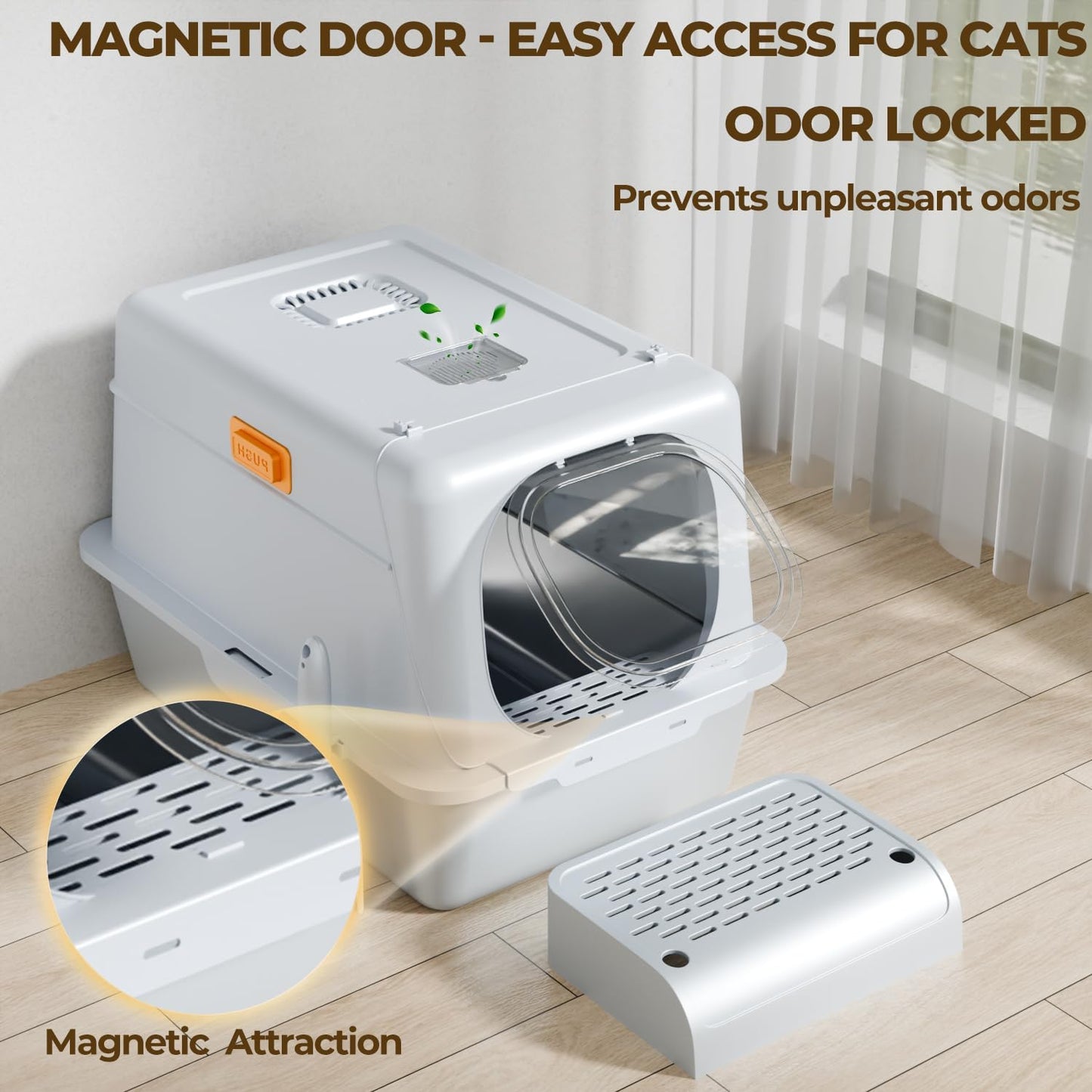 XX-Large Stainless Steel Cat Litter Box with Lid – Fully Enclosed Large Litter Box for Big Cats, Odor Control with Magnetic Door, Easy Clean, Multi-Cat Durable Metal Pan.(White-Gray)