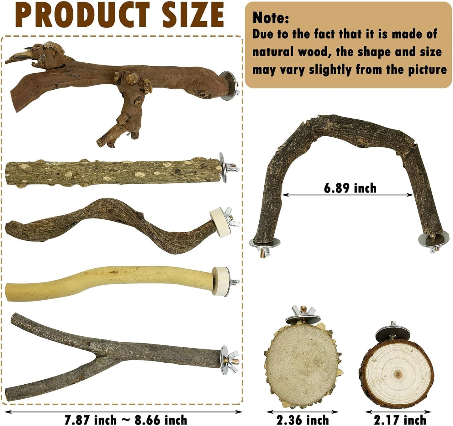 PINVNBY 8 PCS Bird Perches Natural Wood Parrot Perch Sets Paw Grinding Fork Bird Perch Chewing Stick Parakeet Platform Hammock Bird Toys Bird Cage Accessories for Cockatiels Conures Budgies Macaws