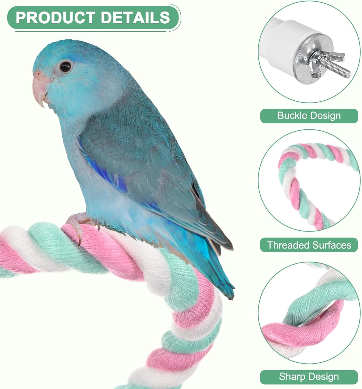 2-Pack Rope Perches for Bird Cages, 31.5 in Length Comfort Grip Flexible Rope Perch Beak & Paw Grinding for Parrots/Cockatiels/Parakeets, Bird Platform Sand [Pink Cyan]