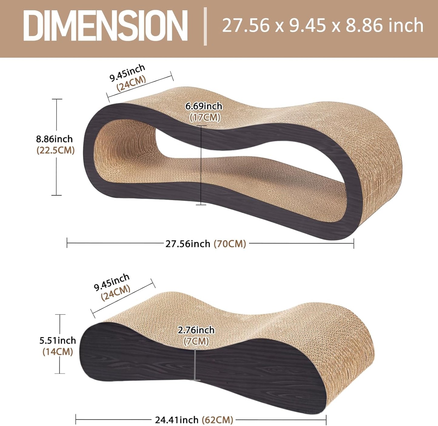 2 in 1 Cat Scratcher Cardboard Lounge Bed, Cat Scratching Post, Durable Board Pads Prevents Furniture Damage,Large,Brown