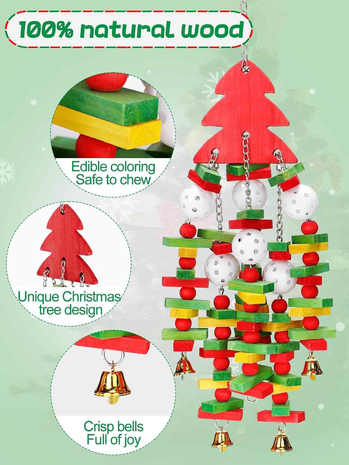 MEWTOGO Christmas Large Bird Toy - Natural Wooden Parrot Chewing Toy With Colorful Edible Blocks for Macaw African Grey Amazon Parrots, Xmas Gifts Bird Playing (Red)